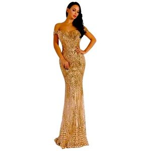 Miss Ord Long Off-Shoulder Gold Sequin Mermaid Trumpet Gown Dress Sz Medium NWT